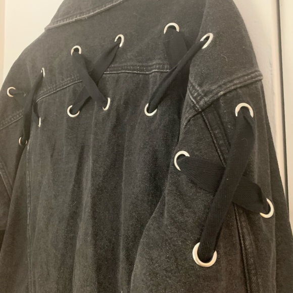 Zara Black Distressed Eyelet Lace-Up Denim Jacket - Picture 2 of 16